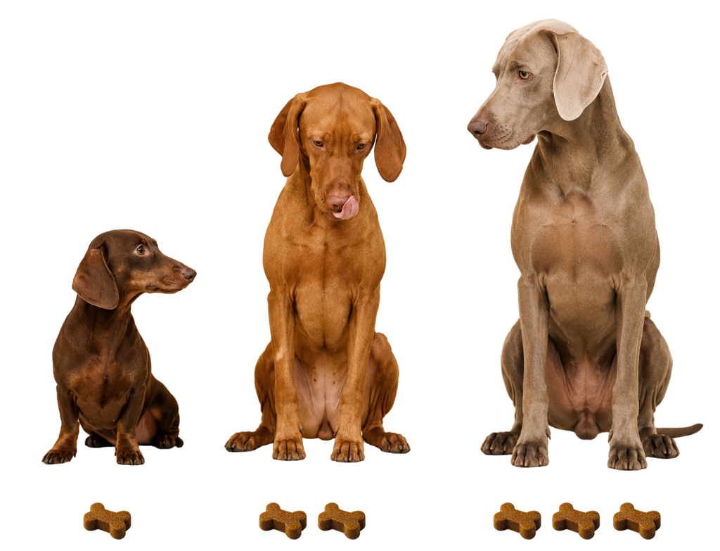 Drei Hunde in unterschiedlichen Größen mit passender Anzahl Soft Chews zur Dosierungsübersicht
