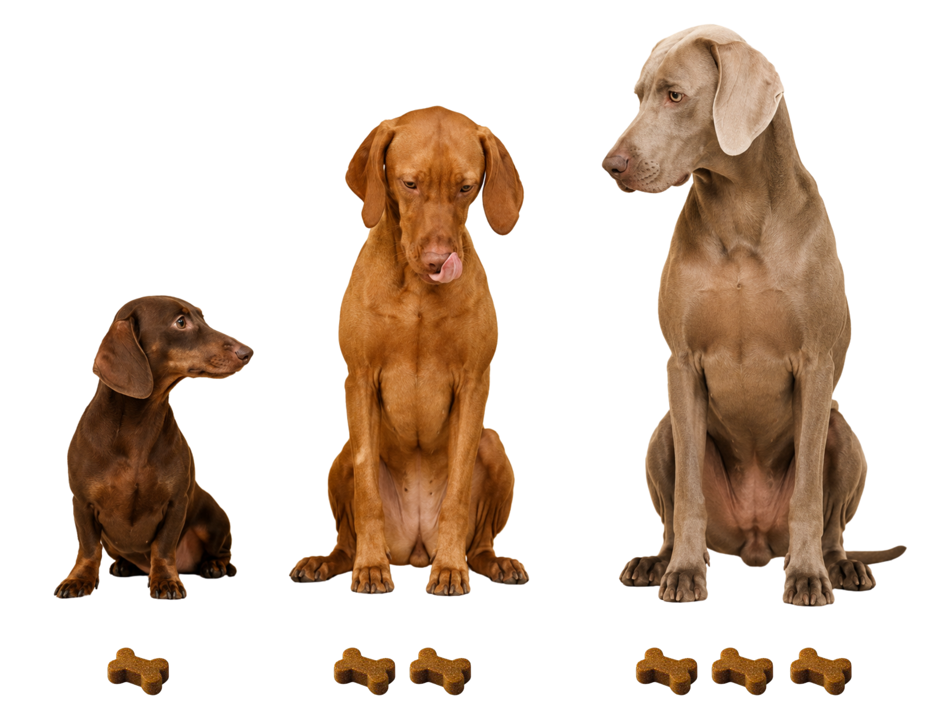 Drei Hunde in unterschiedlichen Größen mit passender Anzahl Soft Chews zur Dosierungsübersicht