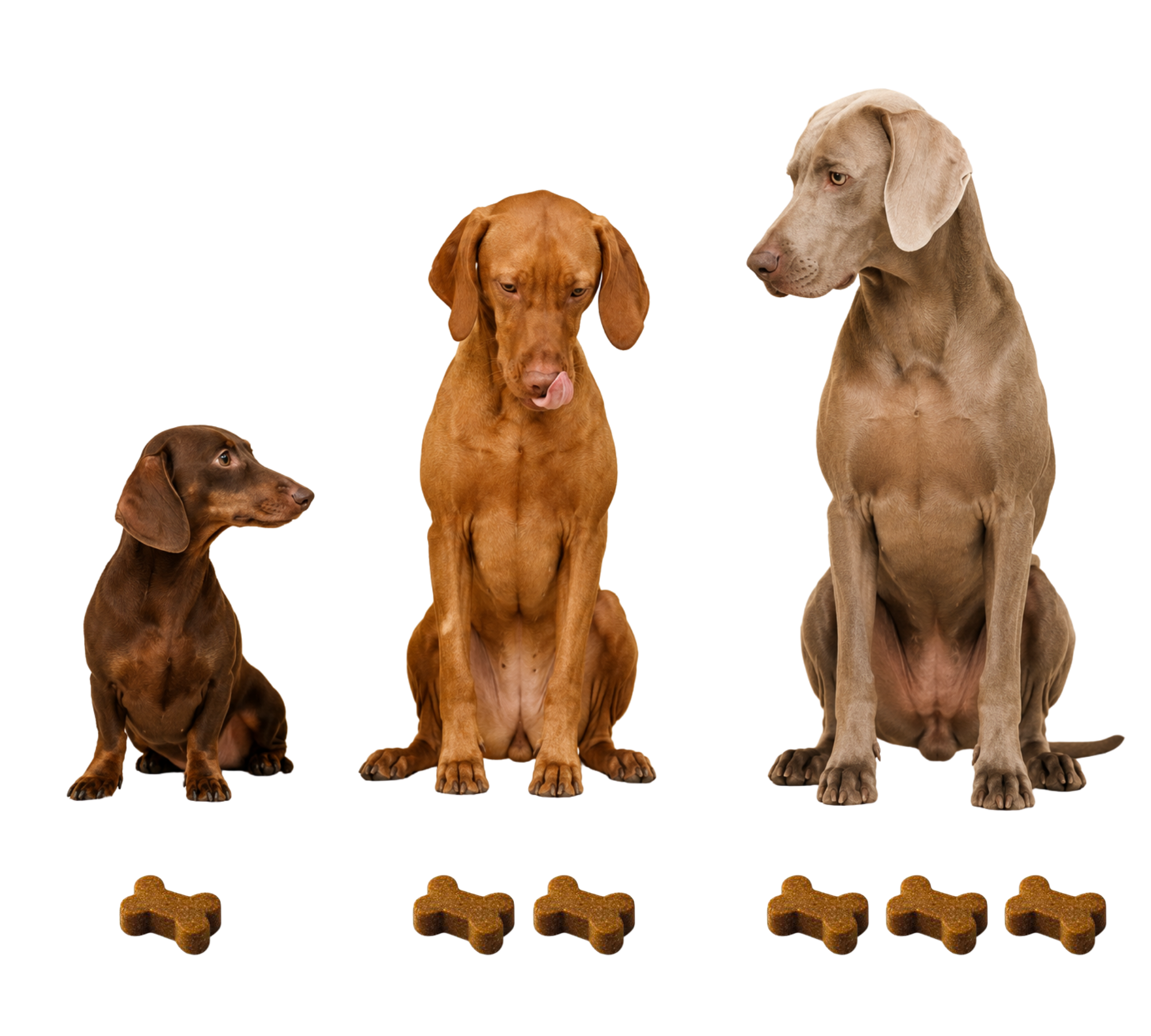 Drei Hunde in unterschiedlichen Größen mit passender Anzahl Soft Chews zur Dosierungsübersicht
