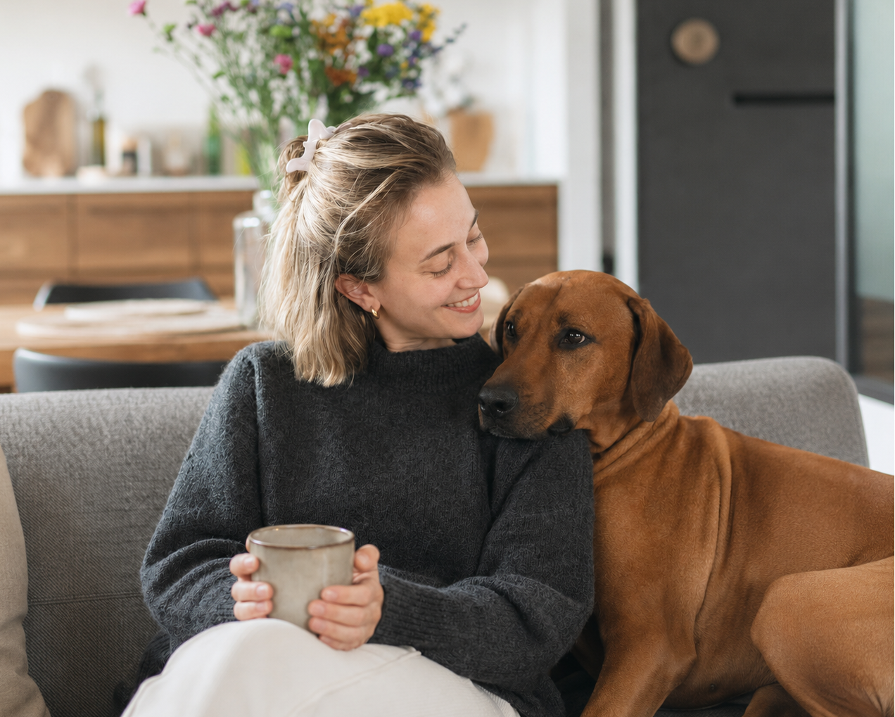 Frau Mitte 30 mit Tasse in der Hand schaut lächelnd auf ihren Hund, der seinen Kopf auf ihrer Schulter ablegt, im hellen Tageslicht auf dem Sofa