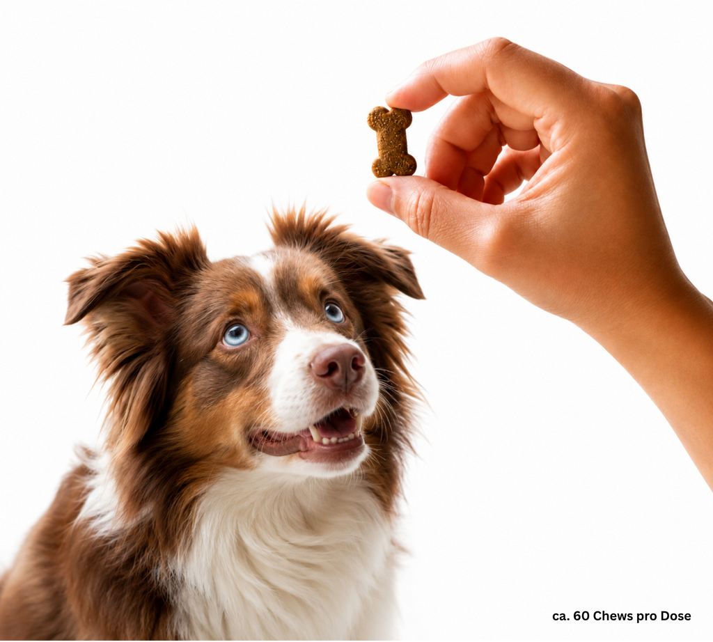 Glücklicher Hund nimmt Maison Wau Soft Chew freudig aus der Hand entgegen, Angabe ca. 60 Chews pro Dose