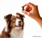 Glücklicher Hund nimmt Maison Wau Soft Chew freudig aus der Hand entgegen, Angabe ca. 60 Chews pro Dose