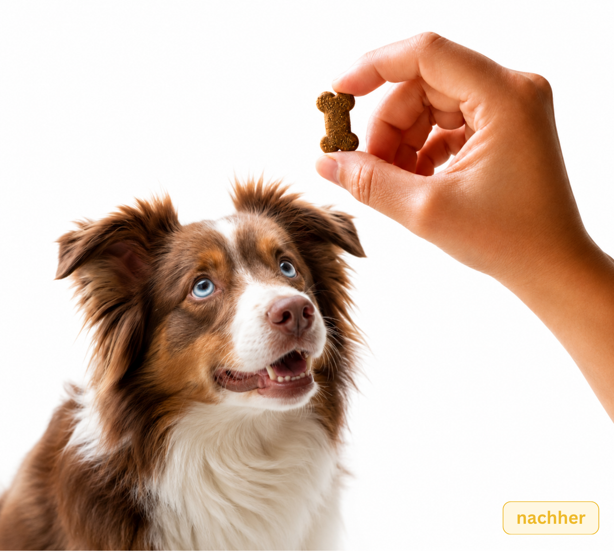 Glücklicher Hund nimmt Maison Wau Soft Chew freudig aus der Hand entgegen