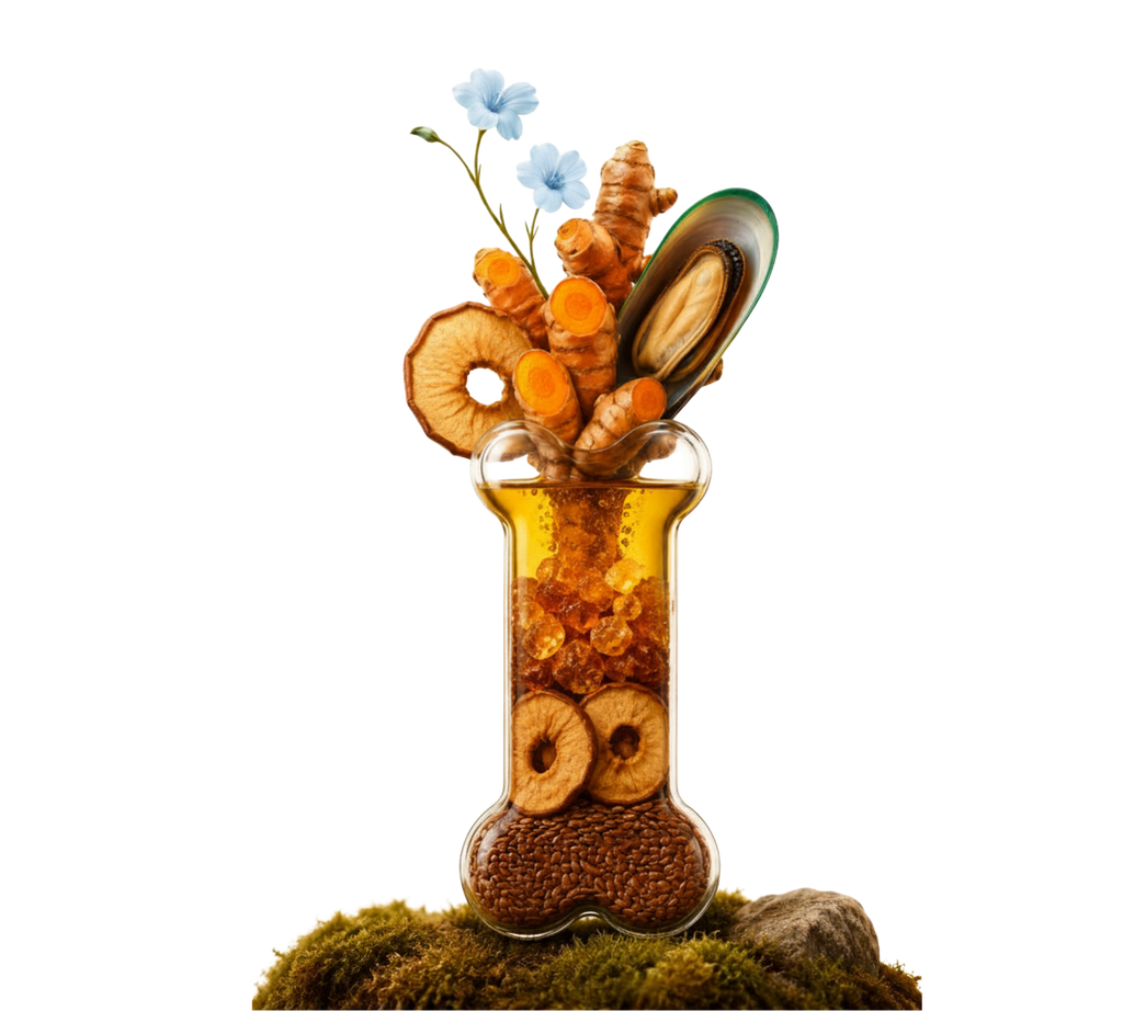 Maison Wau Wirkstoffe kreativ in einem knochenförmigen Glas dargestellt, mit Grünlippmuschel, Kurkuma, Boswellia-Harz, Apfel und Leinsamen