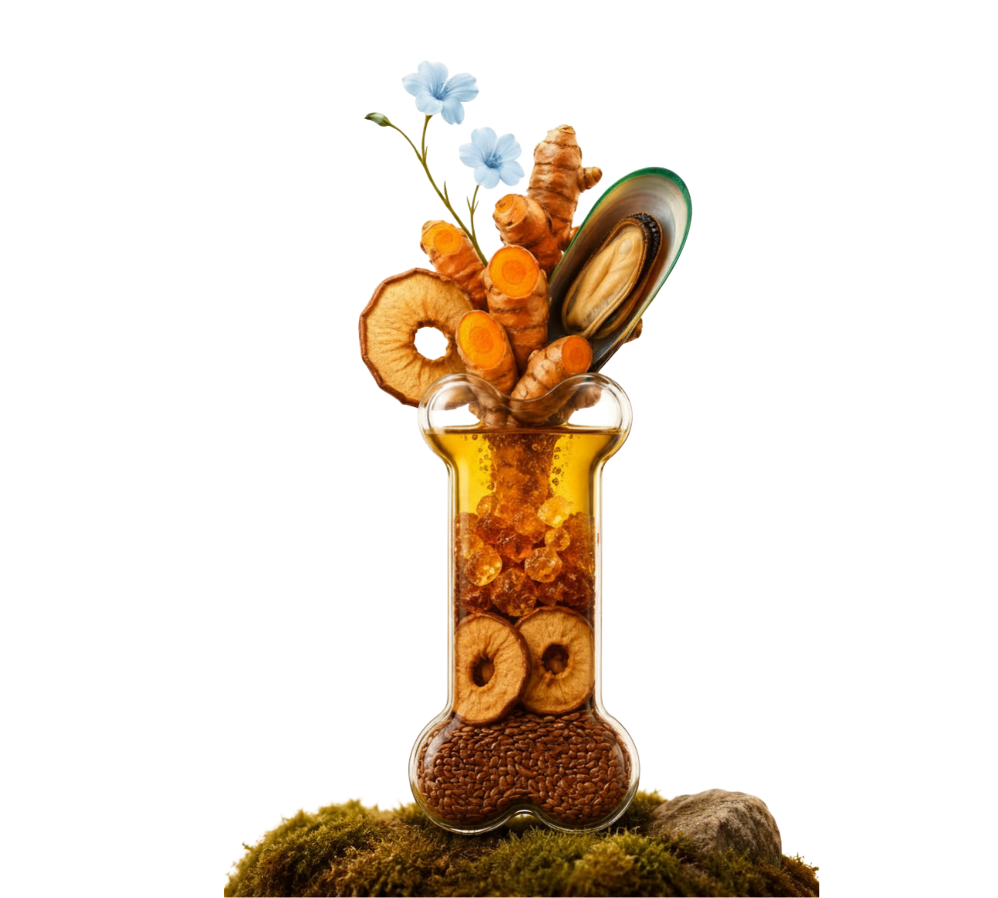 Maison Wau Wirkstoffe kreativ in einem knochenförmigen Glas dargestellt, mit Grünlippmuschel, Kurkuma, Boswellia-Harz, Apfel und Leinsamen