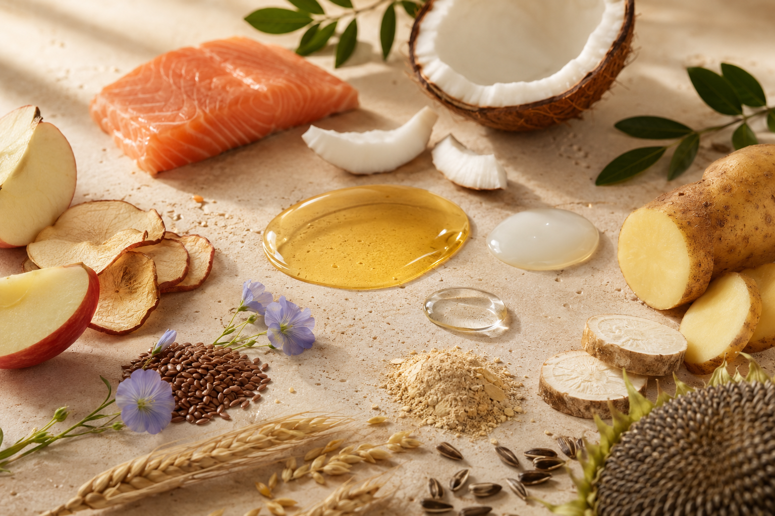 Natürliche Basiszutaten der Maison Wau Rezeptur: Lachs, Kokosöl, Apfel, 
Kartoffel, Leinsamen und Sonnenblumenkerne auf hellem Untergrund