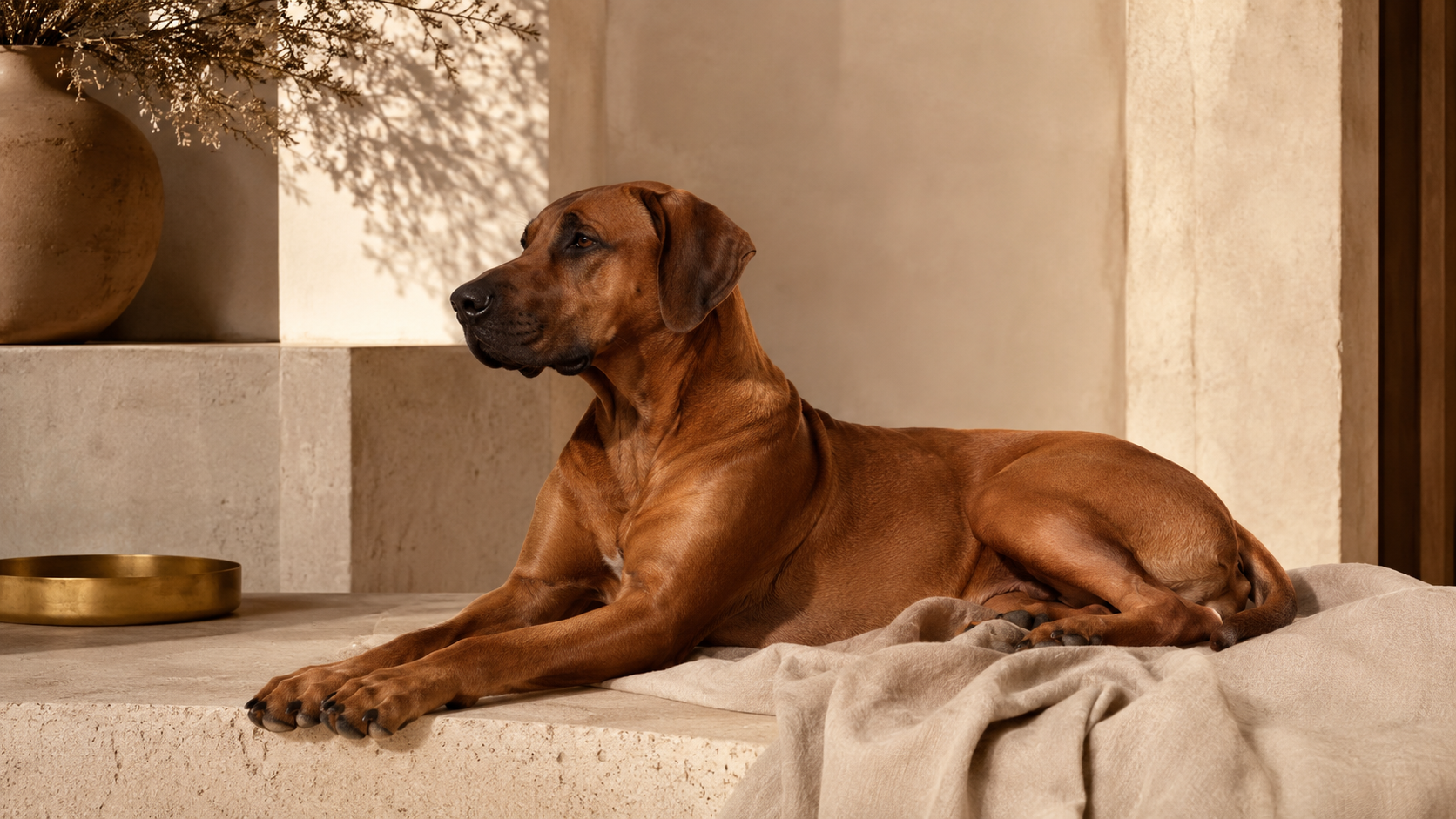 Rhodesian Ridgeback liegt entspannt auf einer Steinstufe, Inspiration für die Maison Wau Gründungsgeschichte